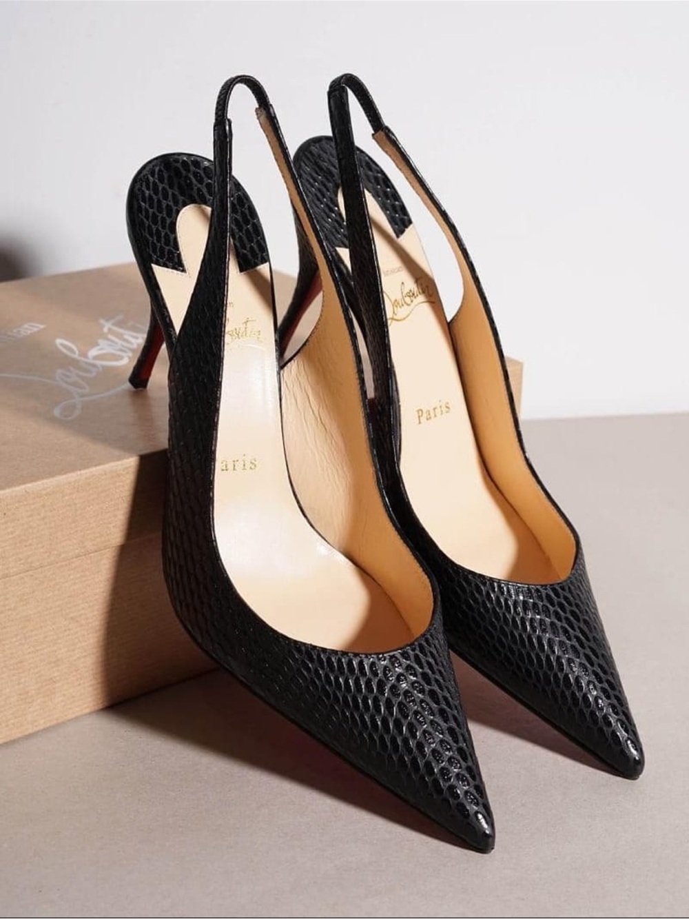 Christian Louboutin Clare Sling 80mm Jurassic Black Reptile Kitten Heel US 8